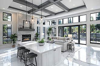 A stunning living room in a new luxury home, featuring a fireplace with a crackling flame. The expansive windows provide