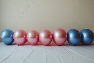 A neat arrangement of pink and blue balloons on a white sheet with a neutral background. Perfect for celebrations and