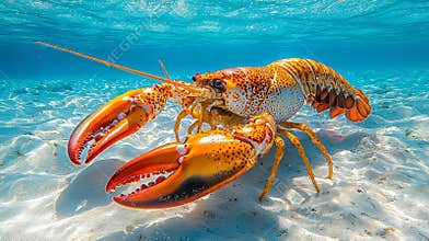 Underwater photography captures a close-up view of a diving encounter with a lobster in the clear ocean, showcasing