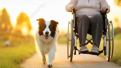 Border collie running beside a senior woman using a wheelchair during a peaceful sunset walk in a park, enjoying a warm