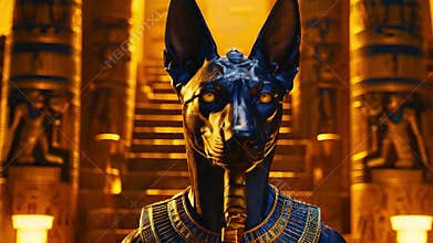 Ancient Egyptian mythical god Anubis in the form of a black jackal
