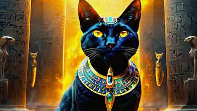 Golden Egyptian magical divine cat, cat in the temple of the Egyptian goddess Bastet