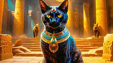 Golden Egyptian magical divine cat, cat in the temple of the Egyptian goddess Bastet