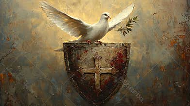white dove holds olive branch while resting atop medieval shield featuring glowing cross. background is filled soft sky