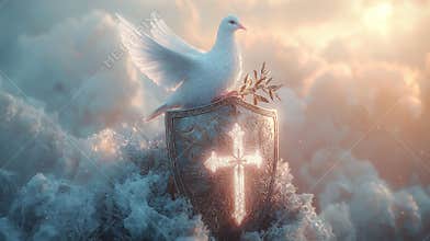 white dove perched on medieval shield displays olive branch while glowing cross shines brightly. background features