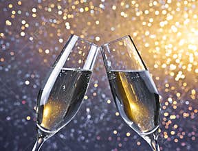Cheers with two champagne flutes with golden bubbles on light bokeh background