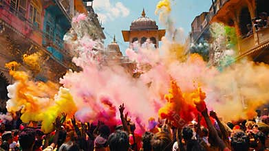 Crowds of people joyfully celebrate Holi by throwing colorful powders in a lively street