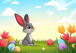 A fresh Easter backdrop with a bunny, eggs, and flowers, designed for banners, cards, flyers, social media wallpapers