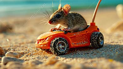 Toy mouse enjoys a ride in a toy car, rolling through the sand with playful abandon, Ai Generated