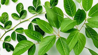 Vibrant moringa leaves isolated on a white backdrop, showcasing health benefits in a stunning digital illustration