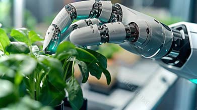 Robotic hand nurturing plants in a high-tech greenhouse environment