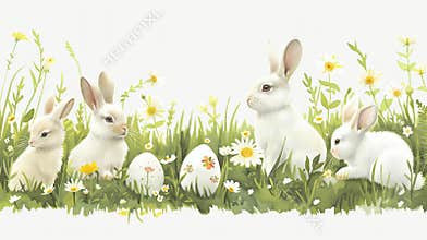 Whimsical spring-themed Easter clipart pack, featuring bunnies, chicks, eggs, and wildflowers, light pastel palette