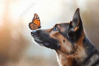 German shepherd dog with butterfly on its nose, curious canine observing colorful insect