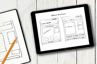 Website wireframe sketch on digital tablet screen
