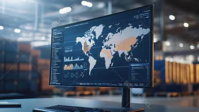 A computer monitor displaying a sophisticated mapping software that visualizes the supply chain network with supply
