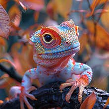 Image showcases a fall-season chameleon perched on an ornate branch, displaying unique blue, red, and yellow patterns