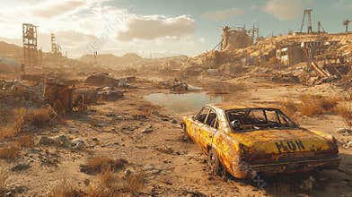 Post-apocalyptic wasteland with abandoned car and ruins