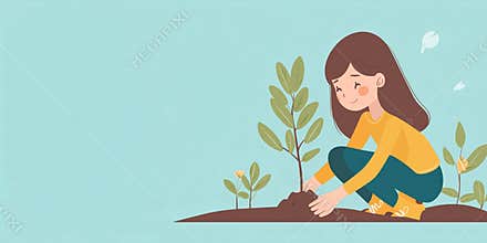 Girl planting tree in garden, nurturing environment, promoting sustainability, engaging in eco-friendly activities
