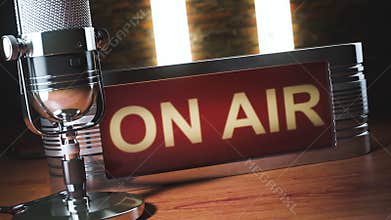 Microphone and on air board. Vintage radio, podcast, broadcasting studio..