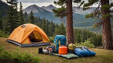 Playful Summer Camp with Tent, Outdoor Gear, and Scenic Mountain View