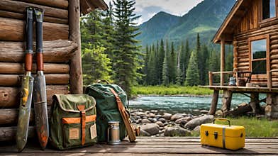 Summer Camp Clipart with Gear, Cozy Cabin, and Scenic Mountain View