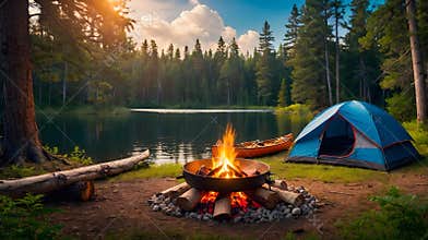 Vibrant Summer Camp Scene with Canoe Adventures, Campfire, and Tent Life