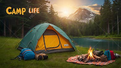 Playful Camp Scene with Tent, Campfire, and Sunny Skies