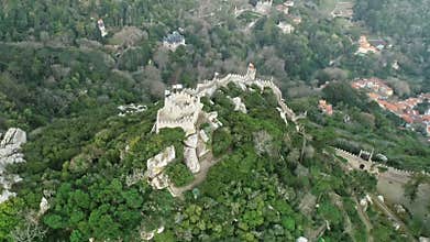 Aerial around view of Moorish Castle, Portugal