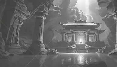 Monochrome Cave Temple with Figure, Digital Art Scene
