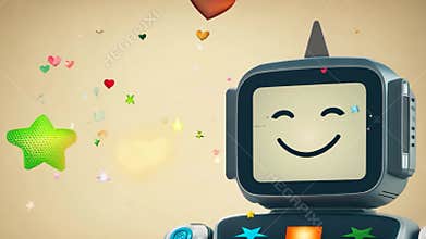 A robot with a smiling face is surrounded by a lot of stars