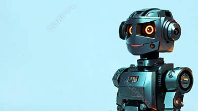 A robot with a smile on its face is standing in front of a blue background