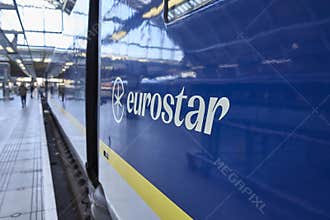 London, UK - March 16, 2025: Eurostar train at London St. Pancras Station