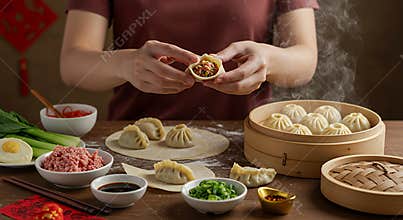 Preparing Savory Dumplings for Lunar New Year Celebration: A Close-Up View
