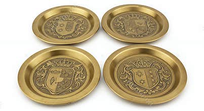 Intricate Engraved Gold Brass Bar Coasters Set on White Background