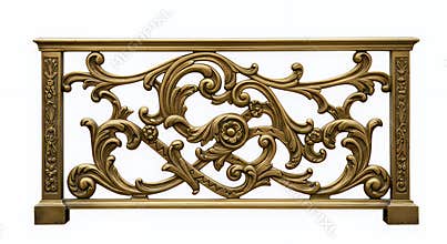 Ornate Gold Brass Railing with Intricate Carvings on White Background