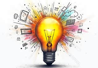 Creativity Concept Illustration - Light Bulb with Burst of Innovative Ideas and Sketches