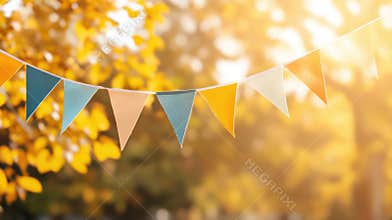 Colorful autumn bunting decor in golden sunlight, AI Generative