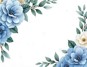 Watercolor wedding invitation template. Features soft dusty blue hydrangeas, roses, eucalyptus branches elegantly framing white