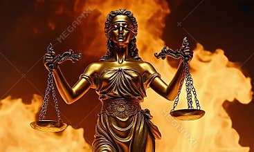 Justice statue in fiery background