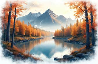 Watercolor autumn landscape illustration of mountains, forest, lake. Orange trees reflect in calm water. Fall woodland scene ideal