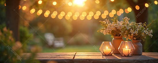 Blurred garden background with string fairy lights. Summer evening party design with flowers, candles on wooden table. Cosy