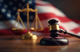 American flag, judge gavel and golden scale symbolize US justice system. Depicts judicial branch of government. Court, crime,