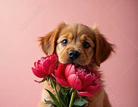 Lovable brown puppy holds red peony flowers in mouth on pink background. Pretty golden retriever dog with bouquet for Valentines