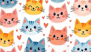 Simple aquarelle cartoon cats pattern with cute faces. Repeat trendy textile print on fabric. Funny kittens childish drawing.