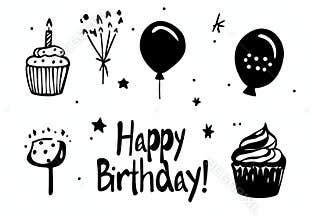 A simple birthday coloring page with black and white images of balloons, candies, cupcakes, and various fun shapes for