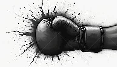 Illustration of black boxing glove on white background. Punch impact effect. Sport equipment for martial arts, fitness workout.