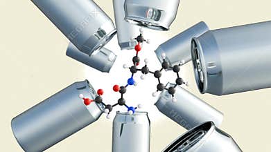 A aspartame molecule and rotating metallic cans.