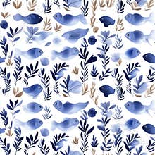 Blue fish swim among sea plants in a seamless pattern, perfect for children's illustrations, showcasing a flat and