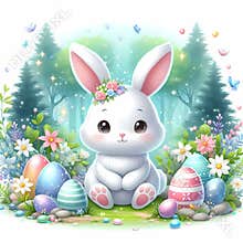 Adorable white bunny sitting in cute, in a serene magical forest, with scattered Easter eggs, flowers and butterflies, cartoon