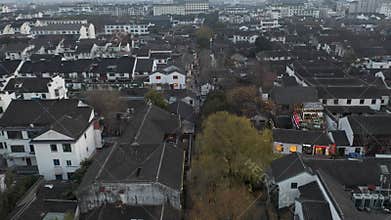 Aerial view of Urban Ancient Architecture and Street View, Suzhou city Jiangsu province China